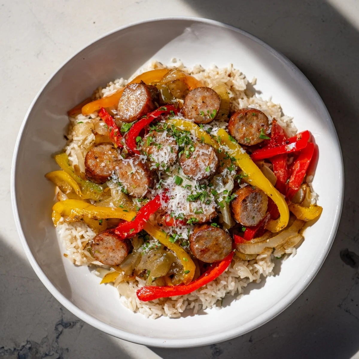 Golden-brown Italian Sausage & Peppers Rice Plate, a comforting Italian-American classic, perfectly cooked.