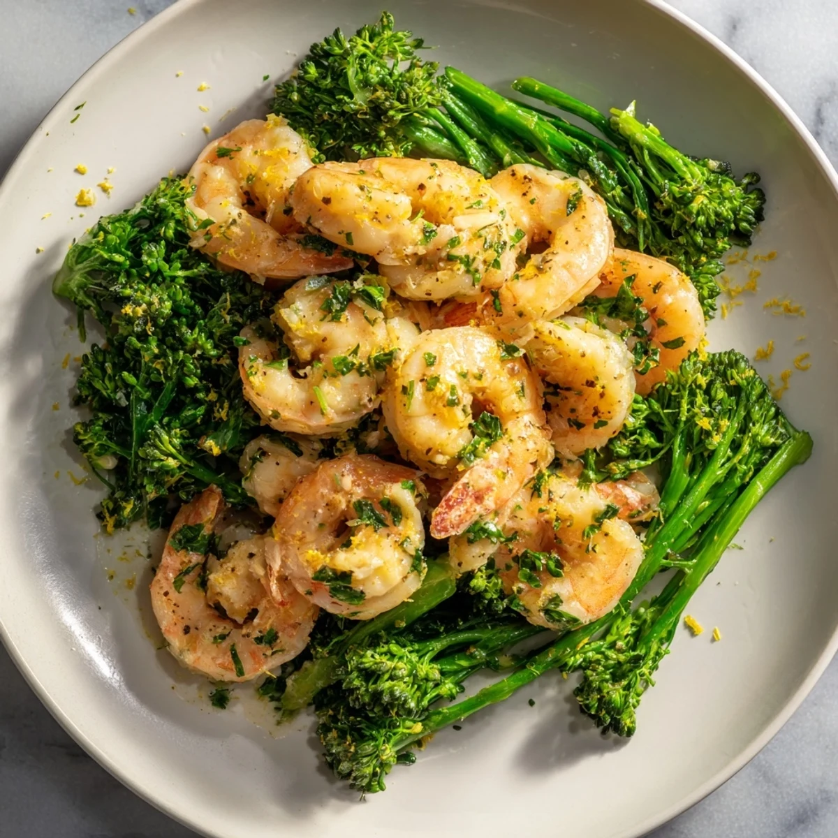 A close-up of buttery lemon butter shrimp & broccoli, perfectly cooked with a hint of garlic and parsley.