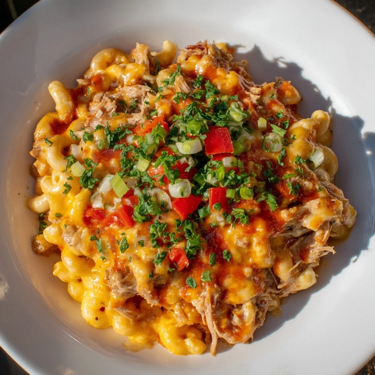 This BBQ Rib Macaroni skillet boasts a bubbling, golden cheese topping showcasing the hearty meal.