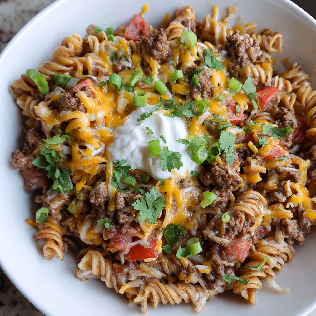 Cheesy Taco Pasta Skillet with melted cheese and fresh cilantro, bubbling hot in a skillet.