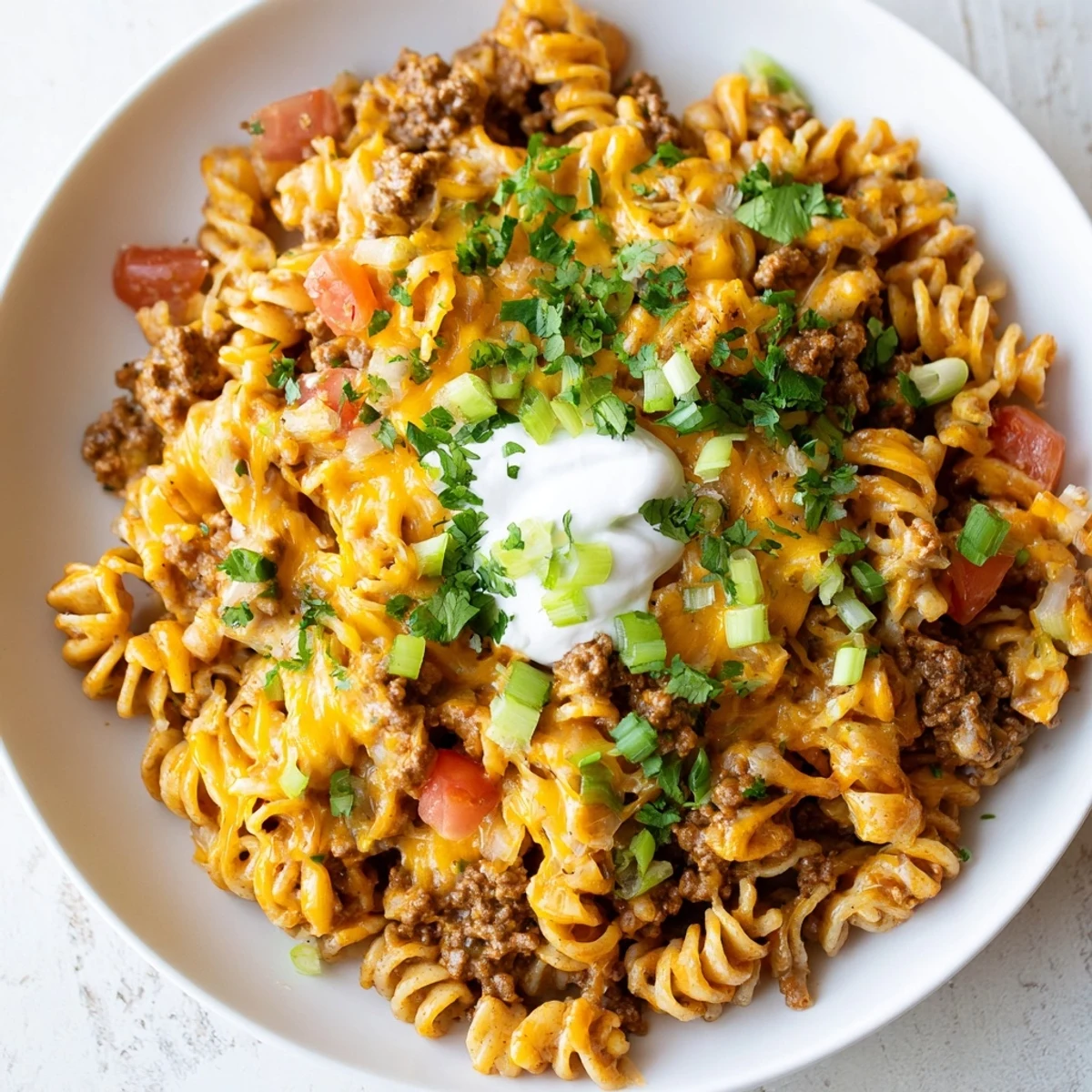 A close-up shot of a creamy, flavorful Cheesy Taco Pasta Skillet ready to be served.