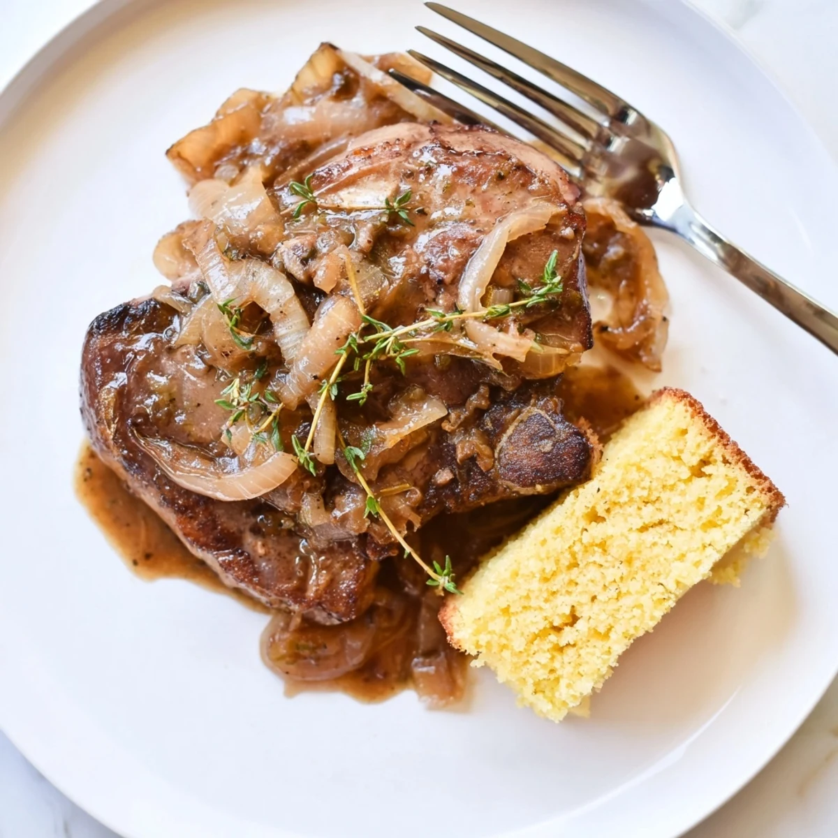 Golden, tender Smothered Pork Chops & Cornbread, a comforting Southern meal with savory gravy, ready to serve.