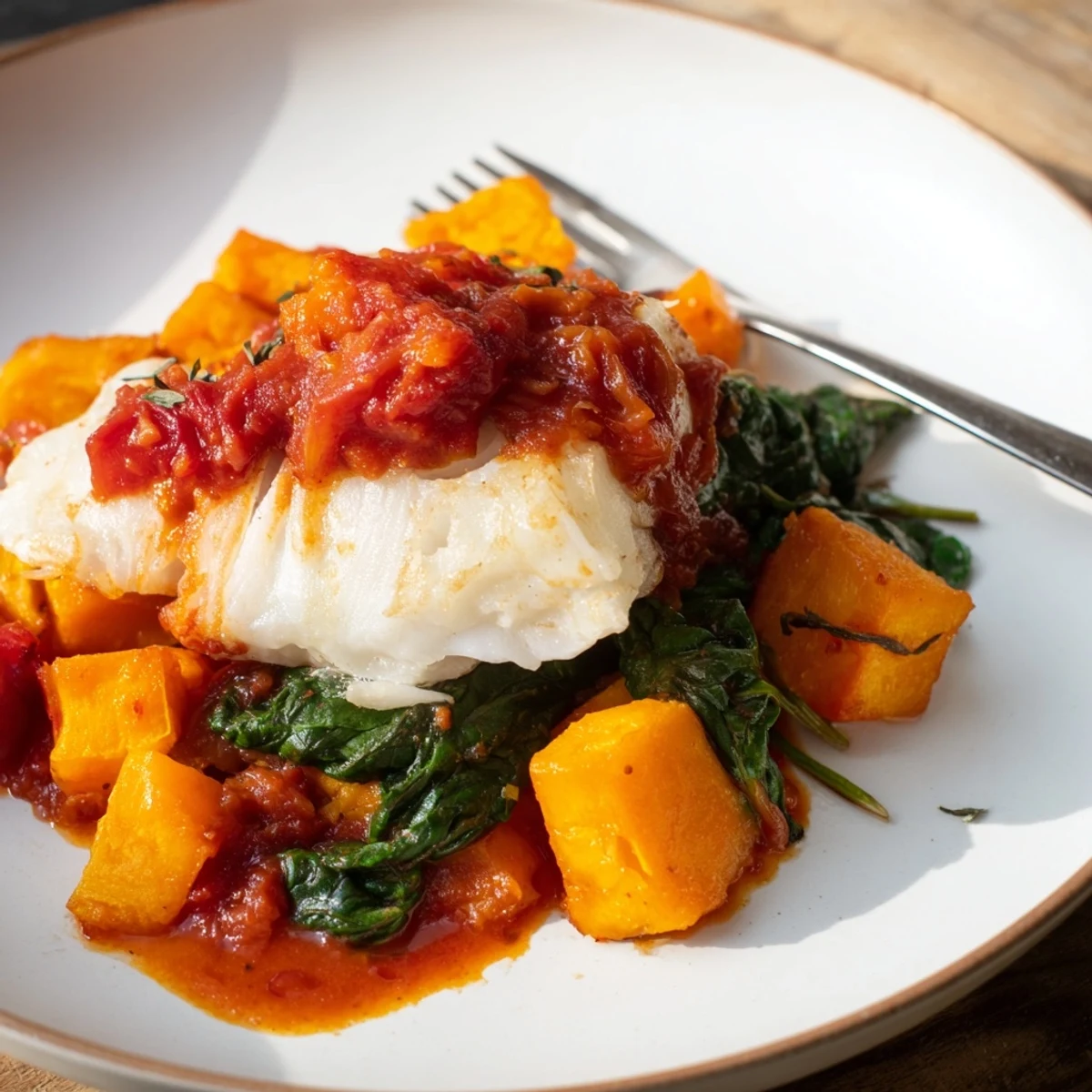 A close-up of flaky baked cod, perfectly paired with roasted butternut squash in a flavorful sauce.