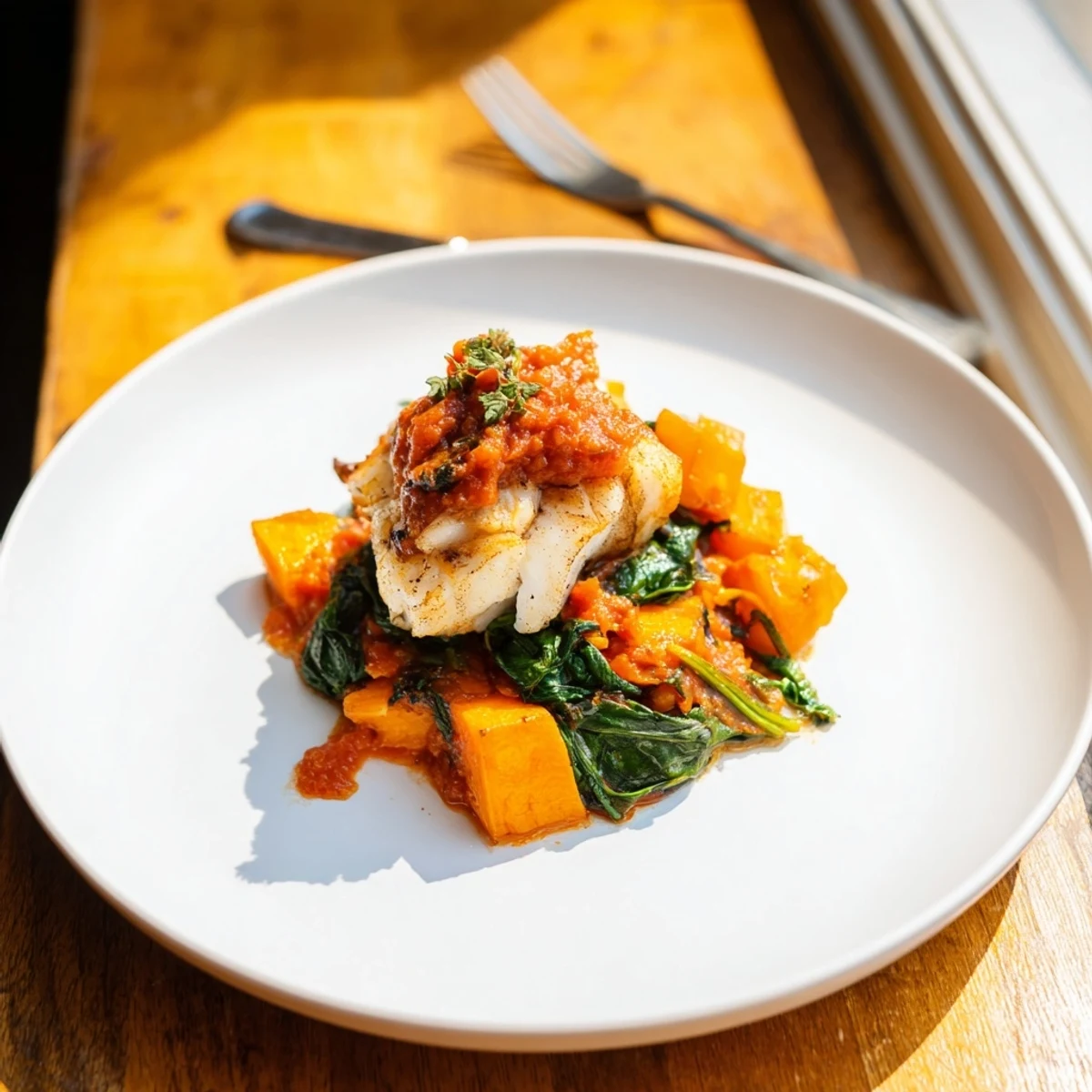 Vibrant image of baked cod with butternut squash and spinach, ready for a delicious, healthy dinner.
