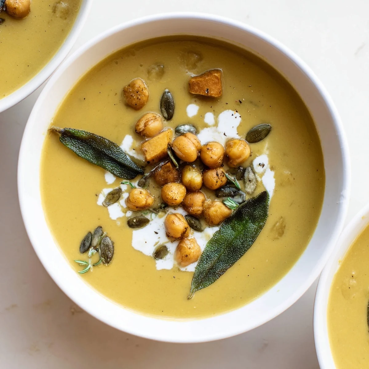 Creamy Chickpea, Pumpkin & Sage Soup, garnished with toasted pumpkin seeds, ready to serve and enjoy.