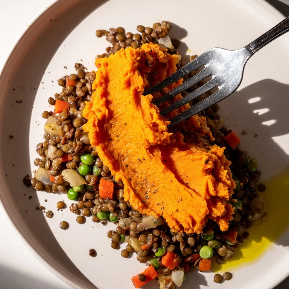 Golden sweet potato topping covers bubbling lentil filling in this veggie shepherds pie.
