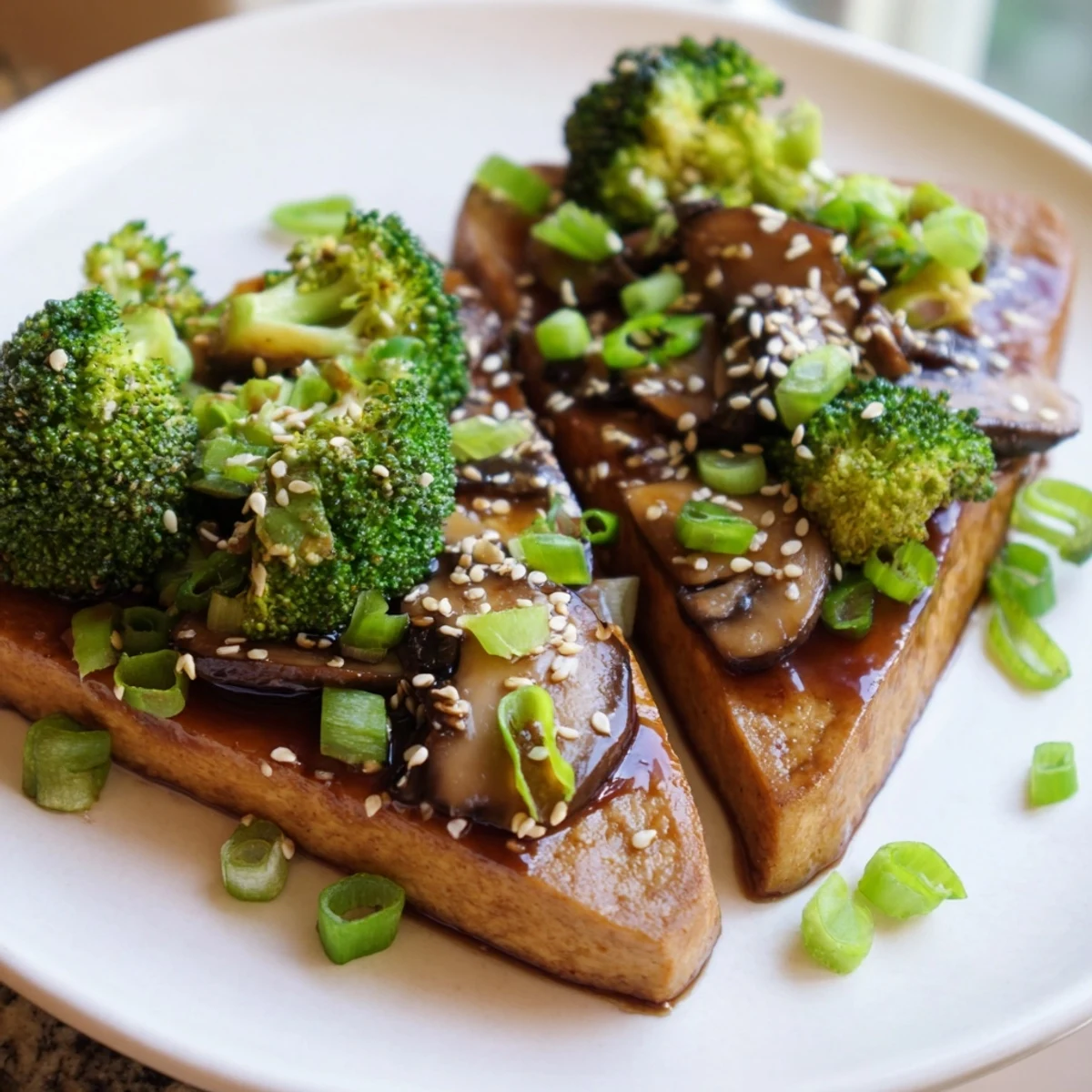 A plant-based plate of Sautéed Tofu Steak, glistening with sauce, rests alongside colorful veggies.
