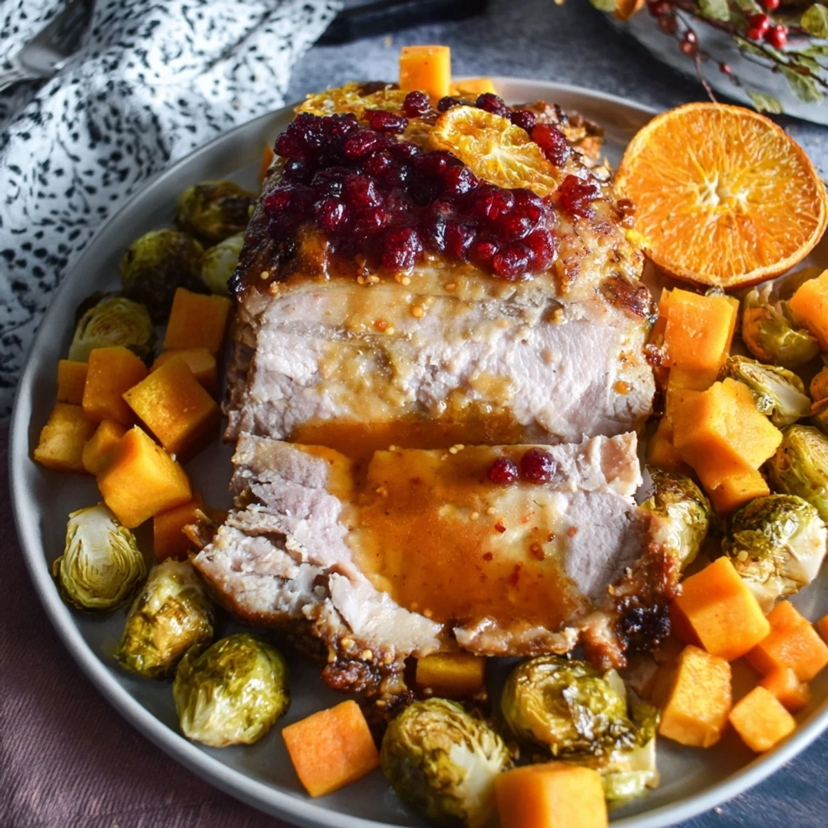 Sheet-pan roasted turkey breast with glistening cranberry glaze and tender winter vegetables.