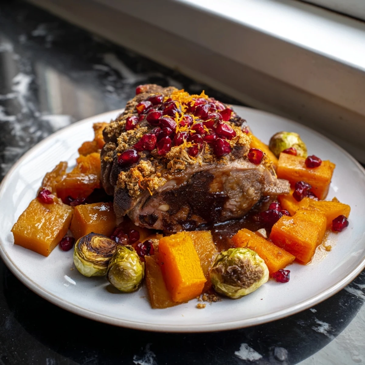 Golden-brown turkey breast and colorful roasted vegetables served with cranberry glaze.