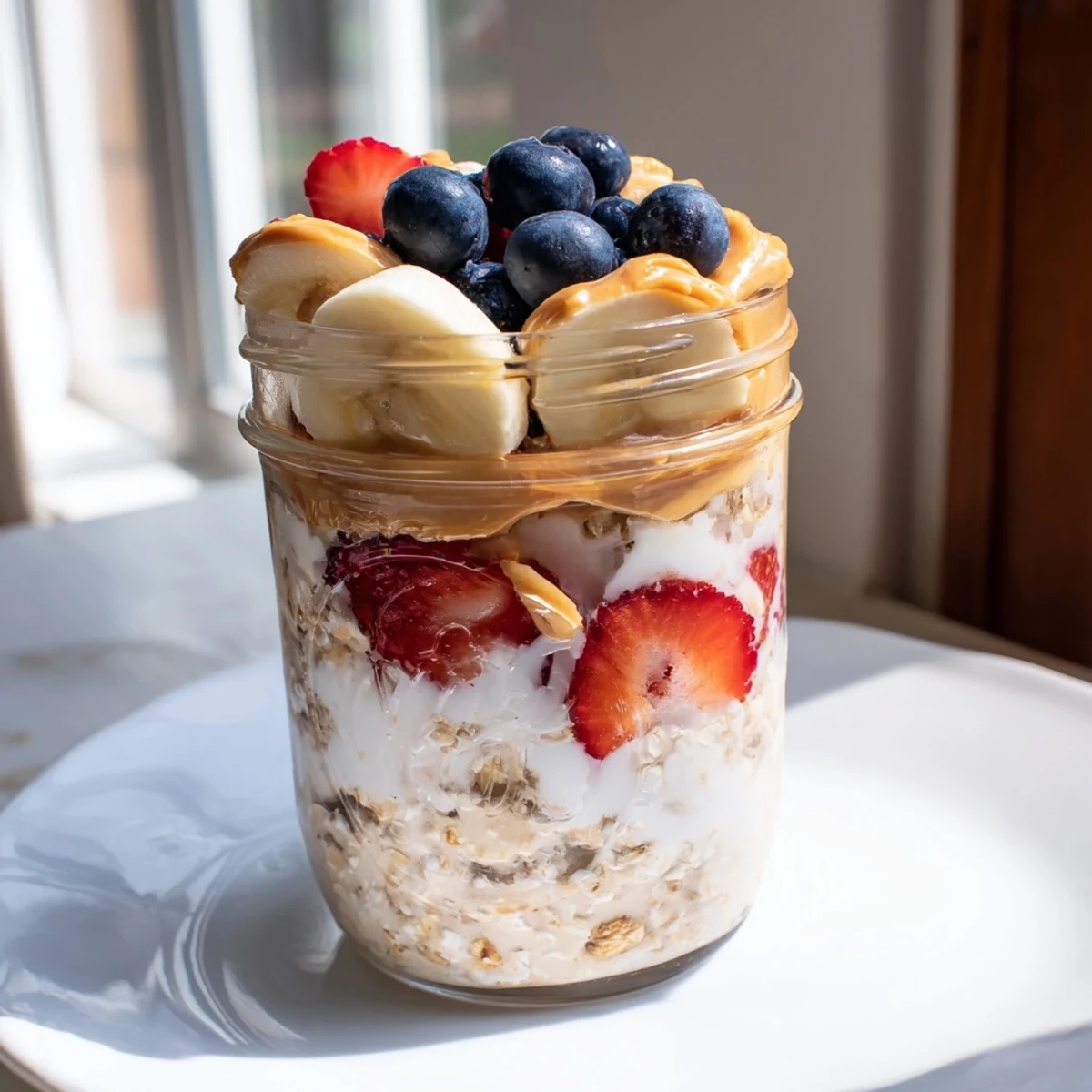Layered Overnight Oats Jars, bursting with fresh fruit and creamy peanut butter, ready to eat.