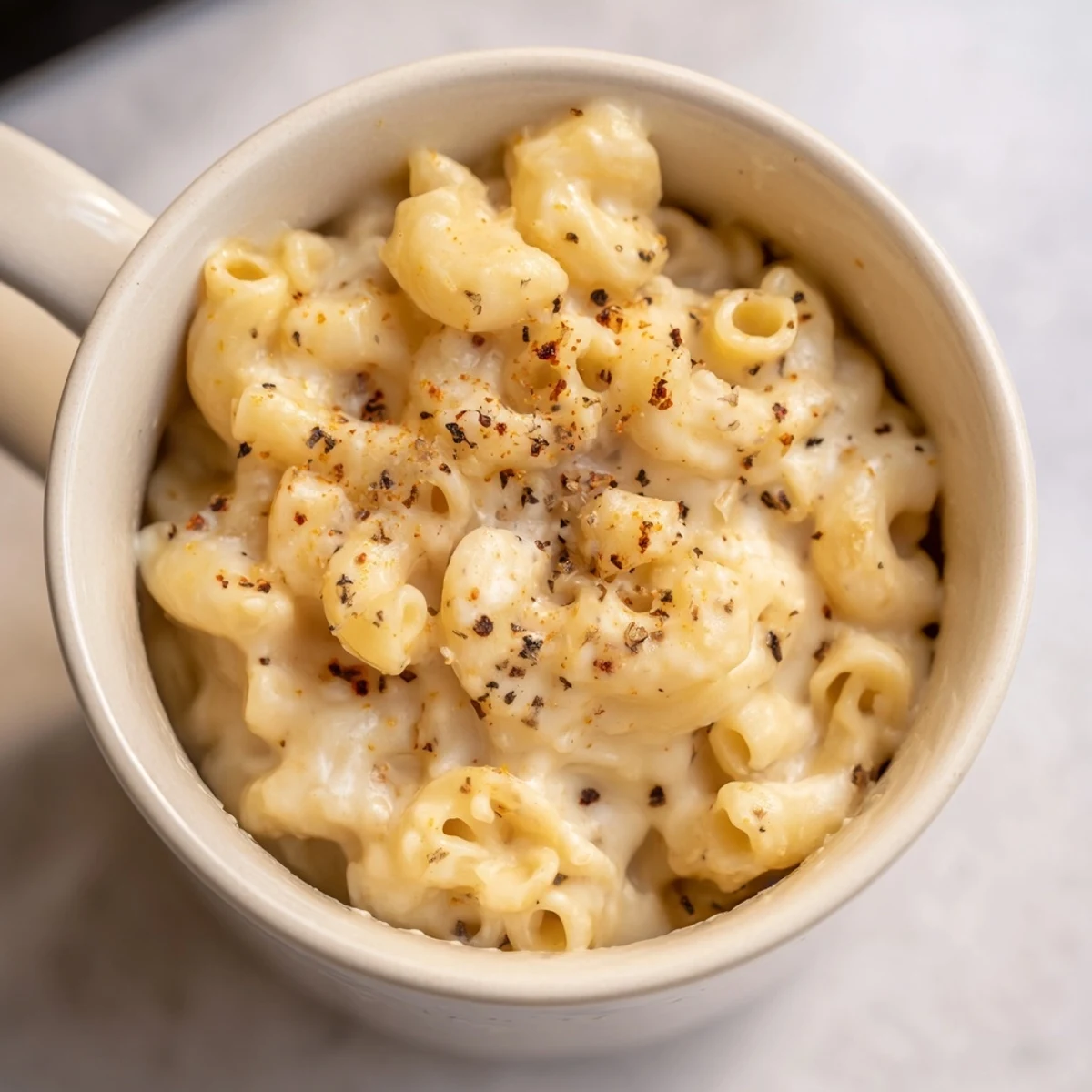 A single serving of creamy, microwaved mug mac & cheese with a sprinkle of Parmesan, ready to eat.