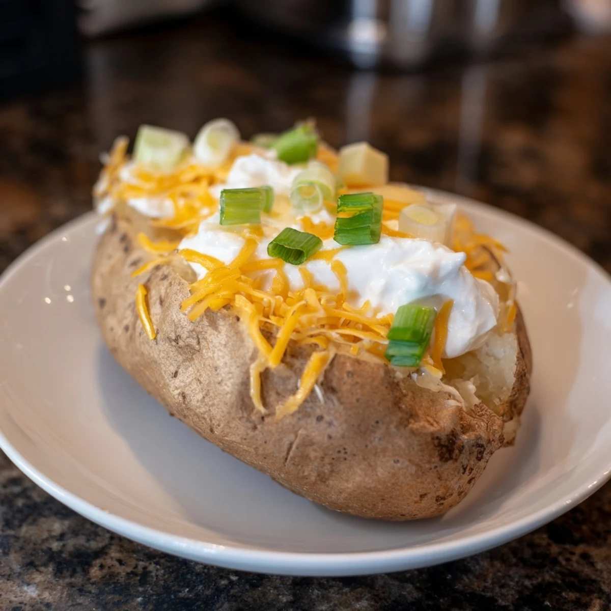 Steaming Baked Potato Bar with cheese, sour cream, and crispy bacon for a comforting meal.