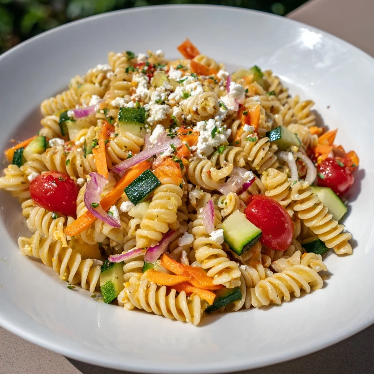 Pasta Salad with Seasonal Veggies & Simple Dressing boasting colorful vegetables and perfectly cooked pasta.