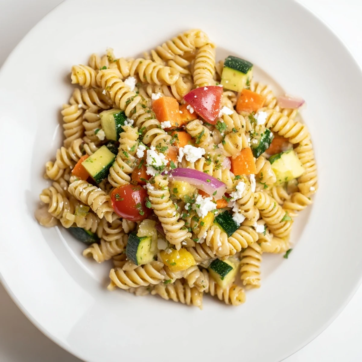 This chilled Pasta Salad with Seasonal Veggies is tossed in a simple, zesty homemade dressing; a colorful image.