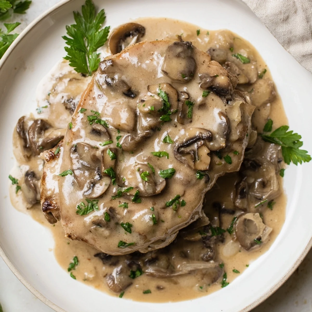 Golden-brown Stove Top Pork Chops with Cream of Mushroom Sauce, served over fluffy, white mashed potatoes.