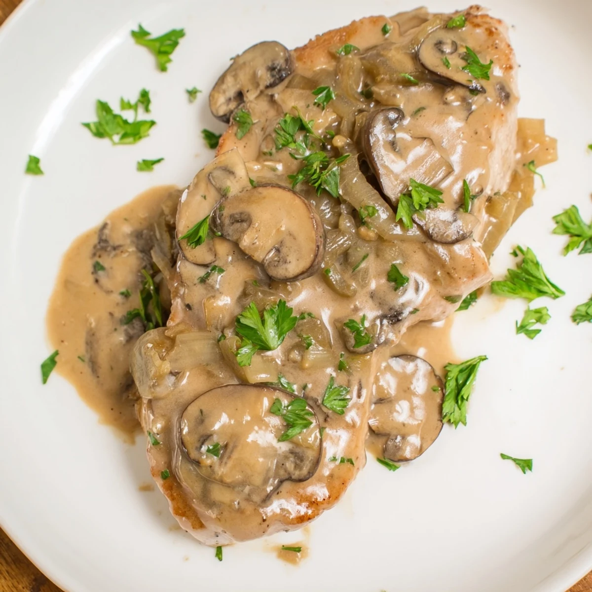 Close-up of juicy Stove Top Pork Chops swimming in a creamy, mushroom-filled sauce, ready to eat.