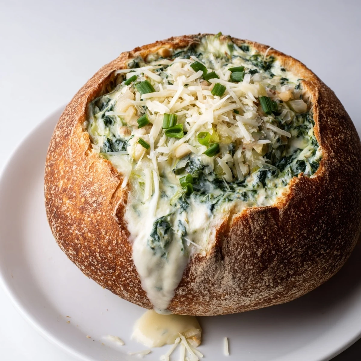 Warm, bubbly Best-Ever Spinach Dip in a bread bowl, perfect for dipping fresh veggies.