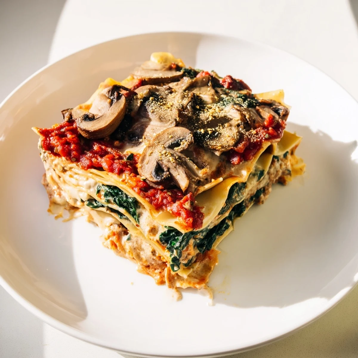 A close-up of a delicious Vegan Mushroom Spinach Lasagna, baked to golden perfection with bubbly layers.