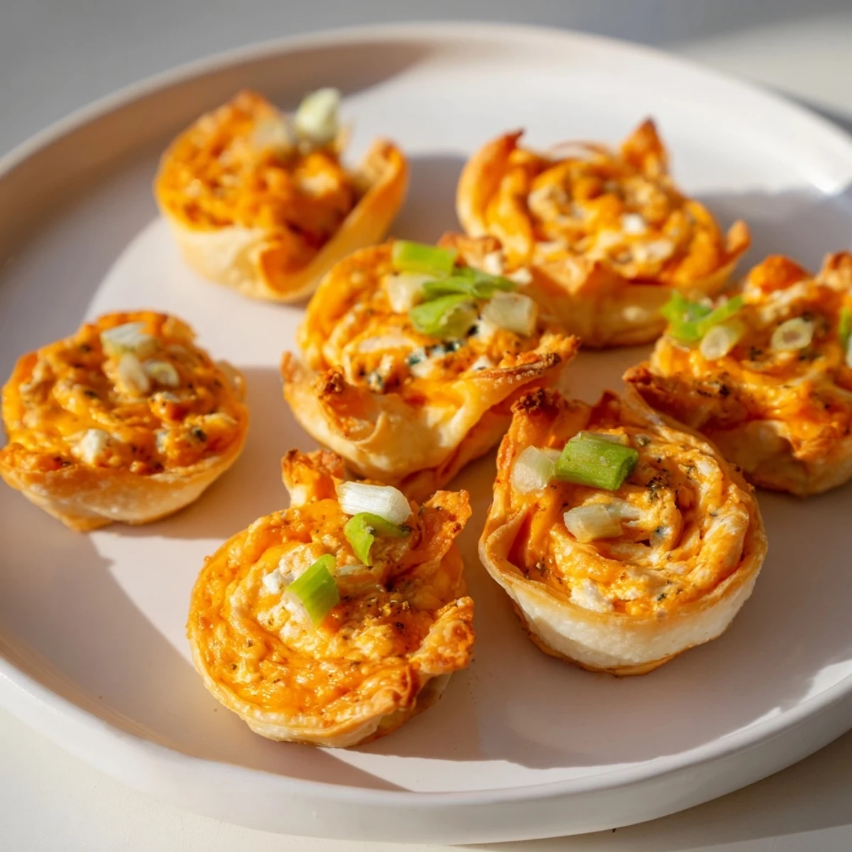 Golden-brown Buffalo Chicken Dip Pinwheel Wonton appetizers, perfect for a game day spread.