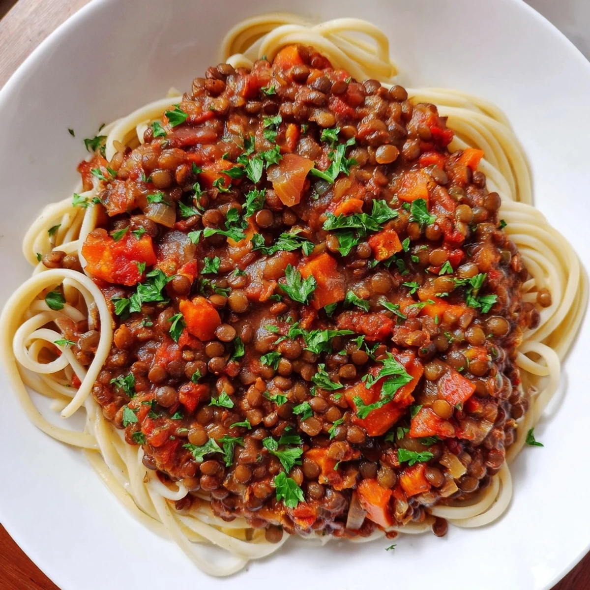 A close-up of a rustic bowl filled with rich, savory Hearty Lentil Bolognese over spaghetti.
