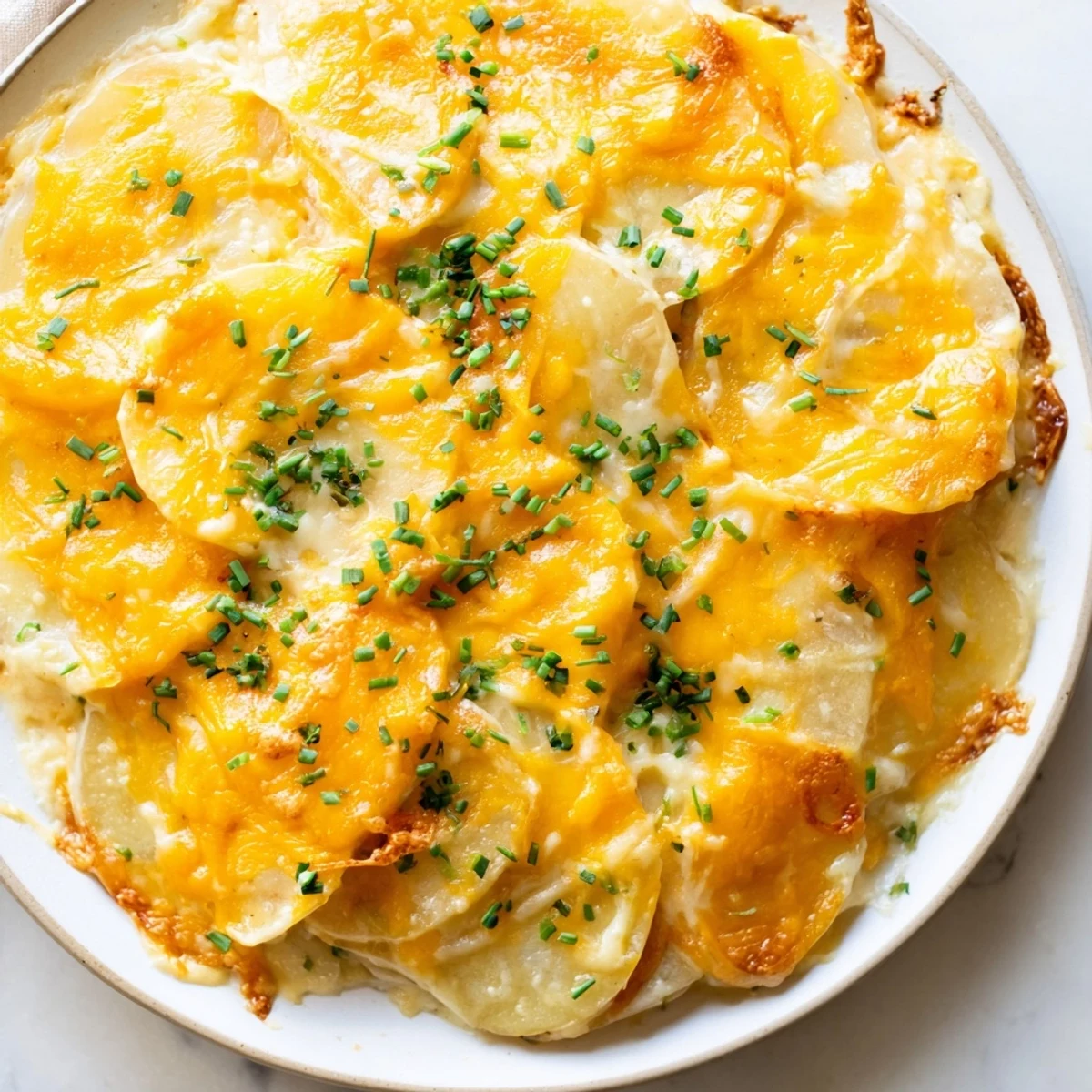 Golden, bubbly Cheesy Scalloped Potatoes with a creamy cheese sauce, ready to serve as a side.
