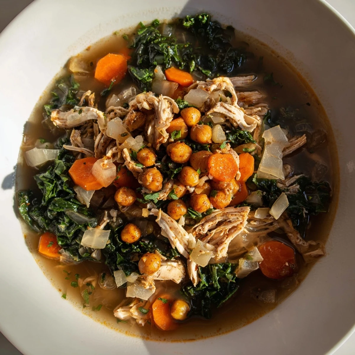 Fragrant Chicken Kale Soup features tender chicken and vibrant kale, with golden, crunchy chickpeas on top.