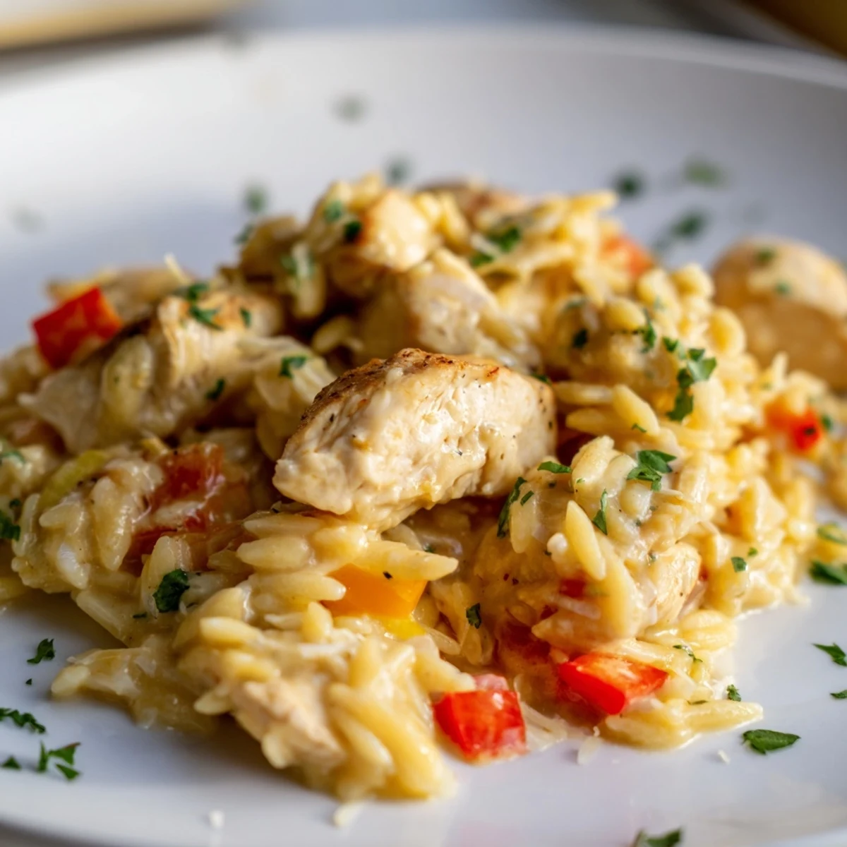 This photo features a vibrant plate of One-Pot Cajun Chicken Alfredo Orzo garnished with fresh parsley.