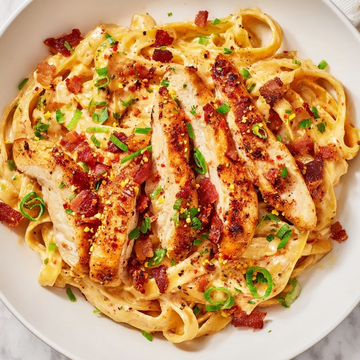 Fettuccine pasta is coated in creamy parmesan sauce, topped with tender chicken in this Southern Style dish.