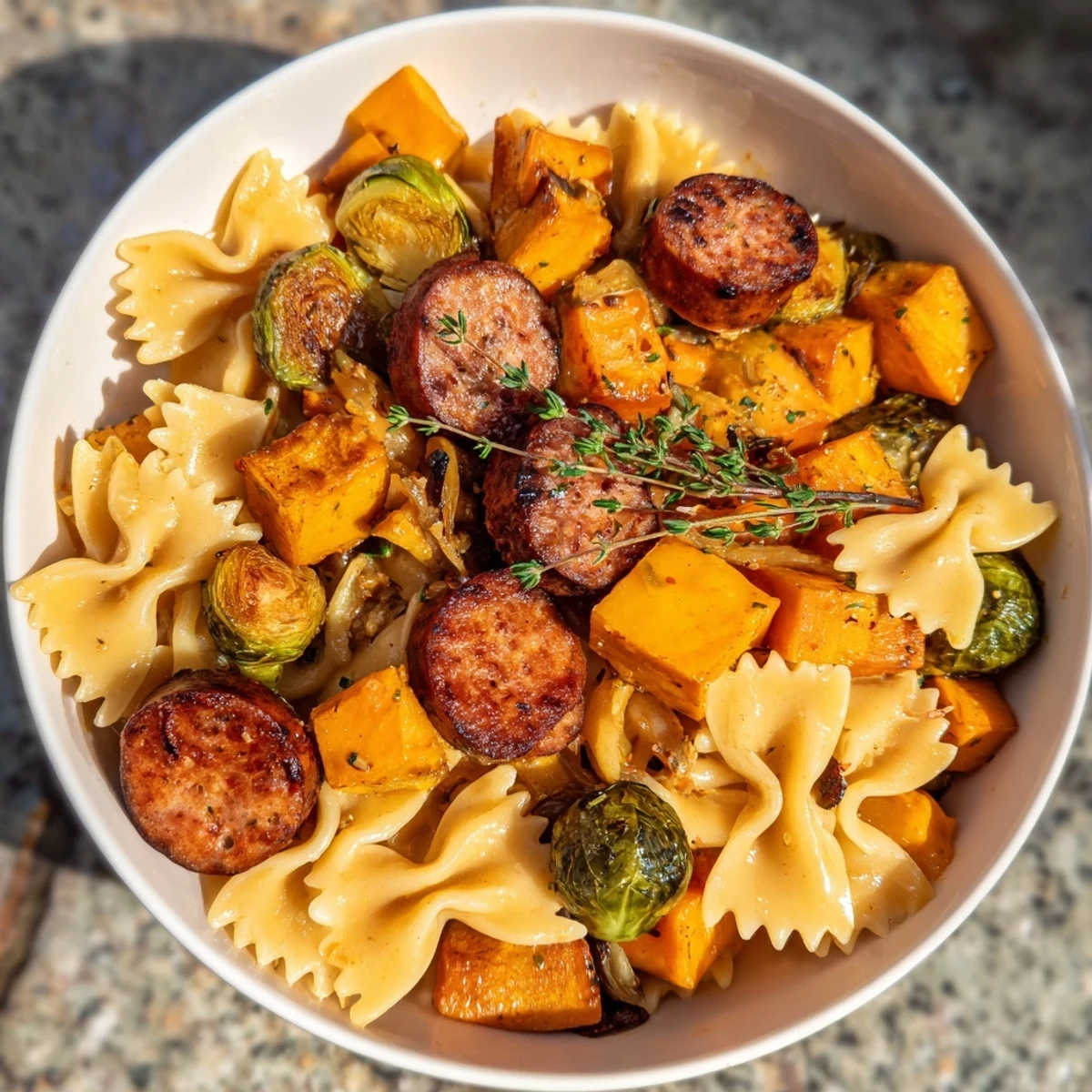 Golden autumn sausage pasta squash with roasted vegetables in a creamy garlic butter sauce.