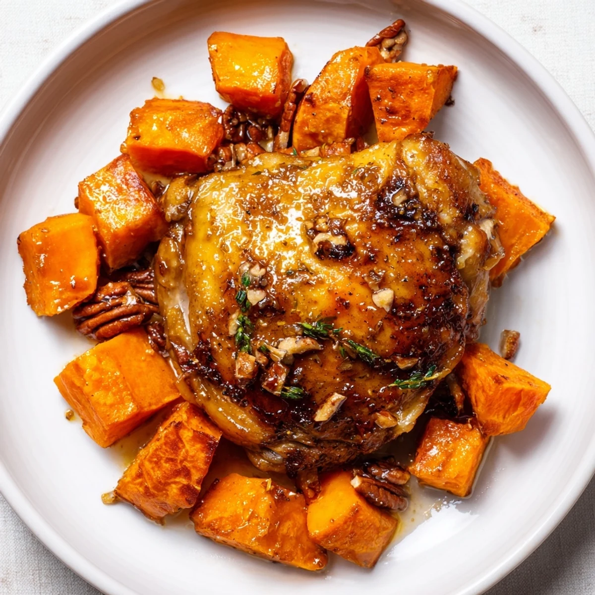 Golden, glazed maple chicken with tender sweet potatoes, ready for a delicious dinner.