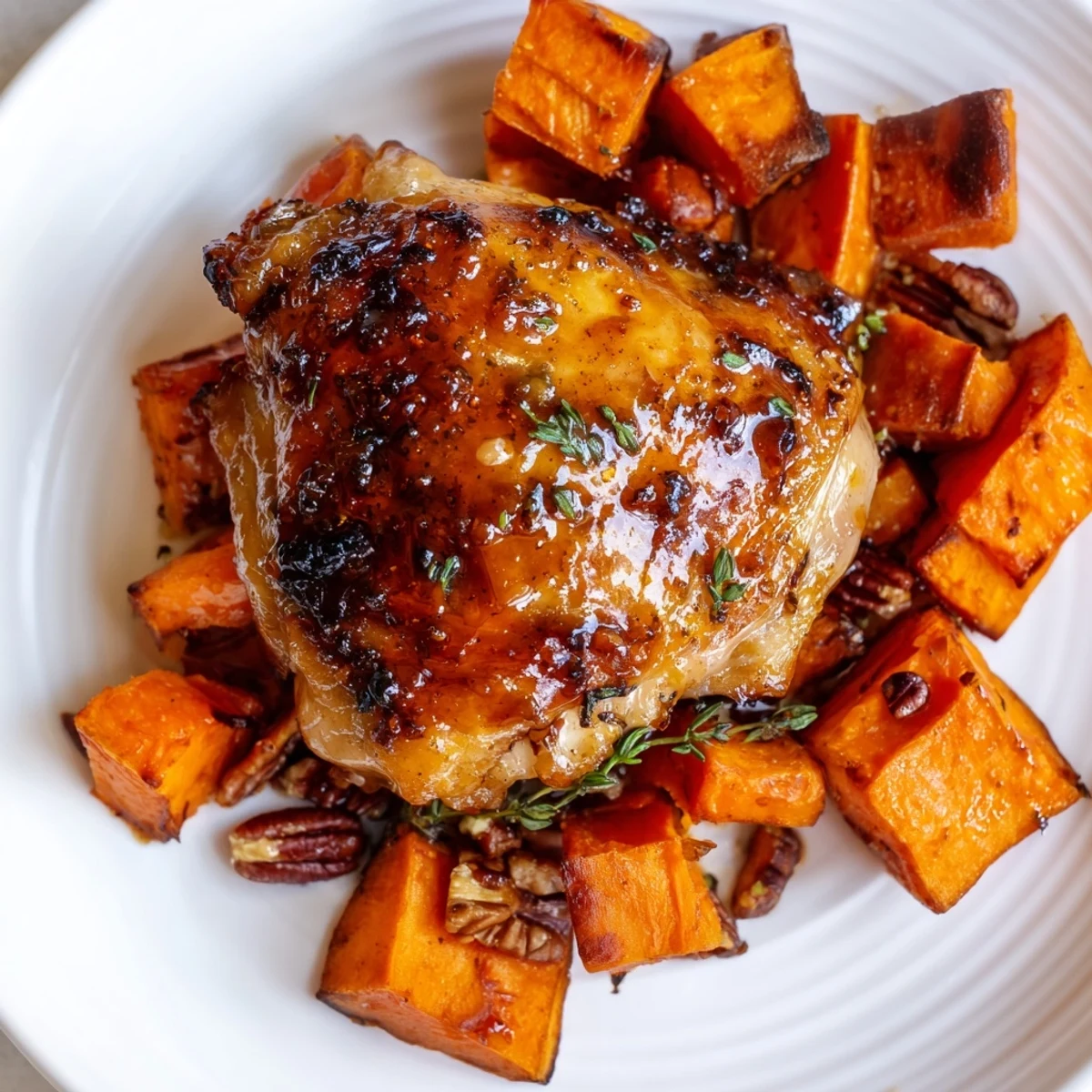 This image shows juicy, fall-off-the-bone maple glazed chicken served with glazed sweet potatoes for a filling meal.