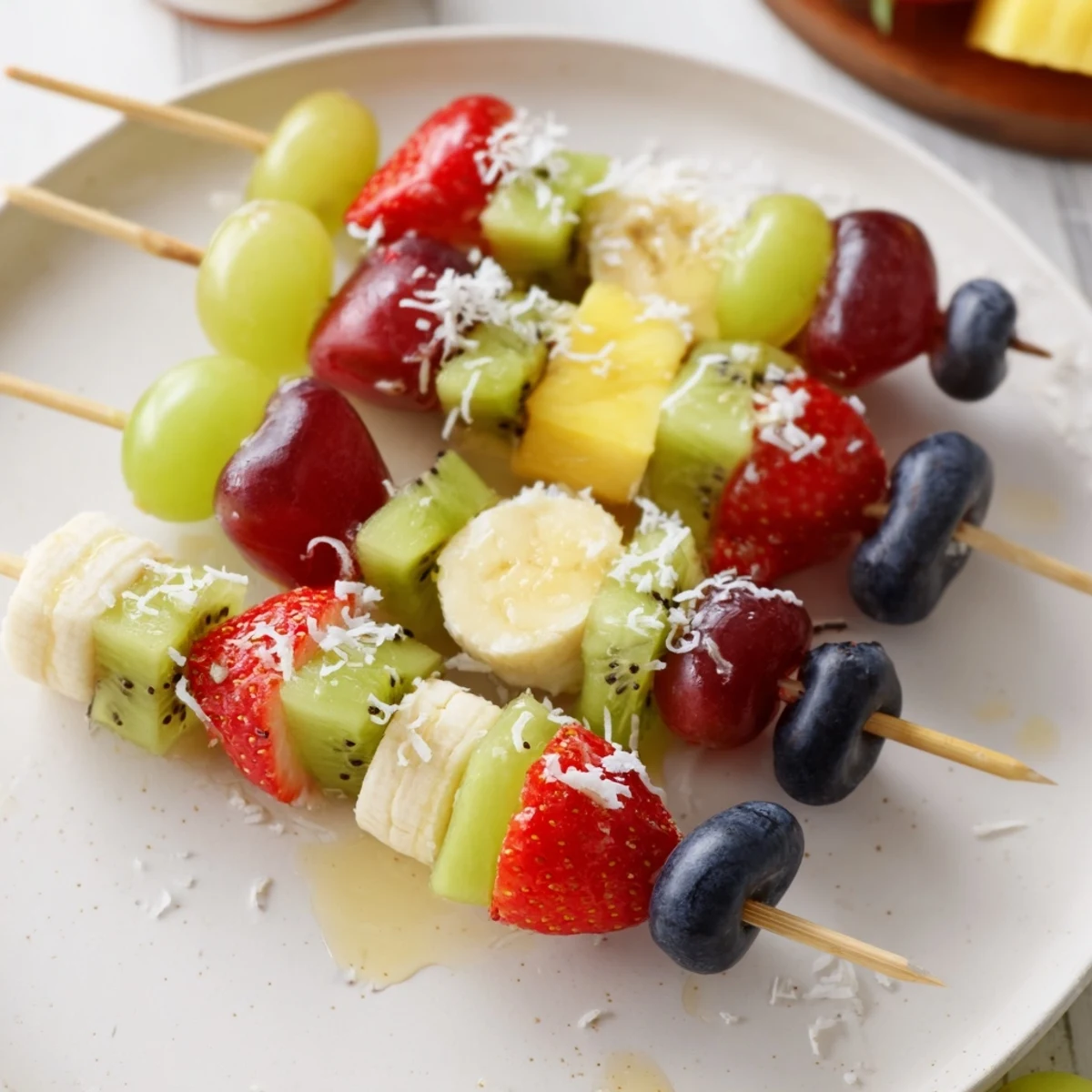 Beautifully arranged easy festive fruit kabobs bursting with fresh fruit sweetness, ready to serve!