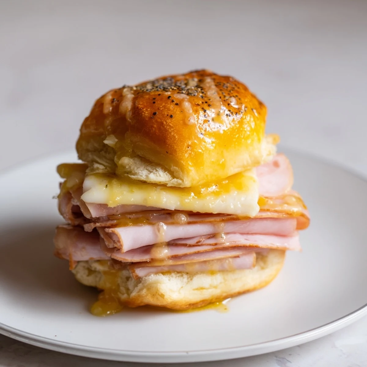A close-up of warm, soft Budget-Friendly Ham & Cheese Sliders, ready to serve and enjoy at any gathering.
