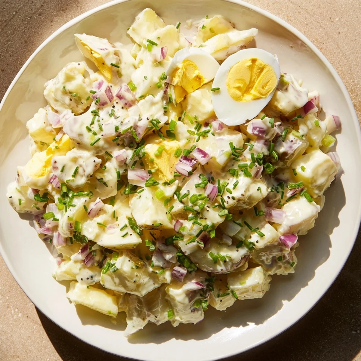 Tender potatoes and chopped eggs mingled in a flavorful dressing, this chopped egg and potato salad looks delicious.