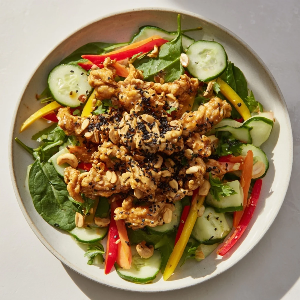 Freshly prepared High-Protein Chicken Stir-Fry Salad Bowl, featuring tender chicken and a vibrant sesame-ginger dressing.
