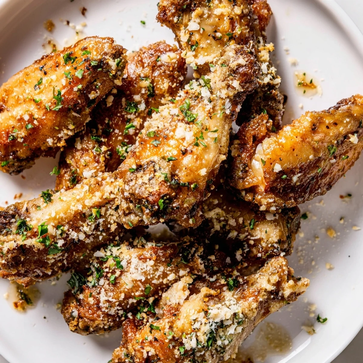 Golden-brown air fryer garlic-Parmesan chicken wings, a savory appetizer with fresh parsley garnish.