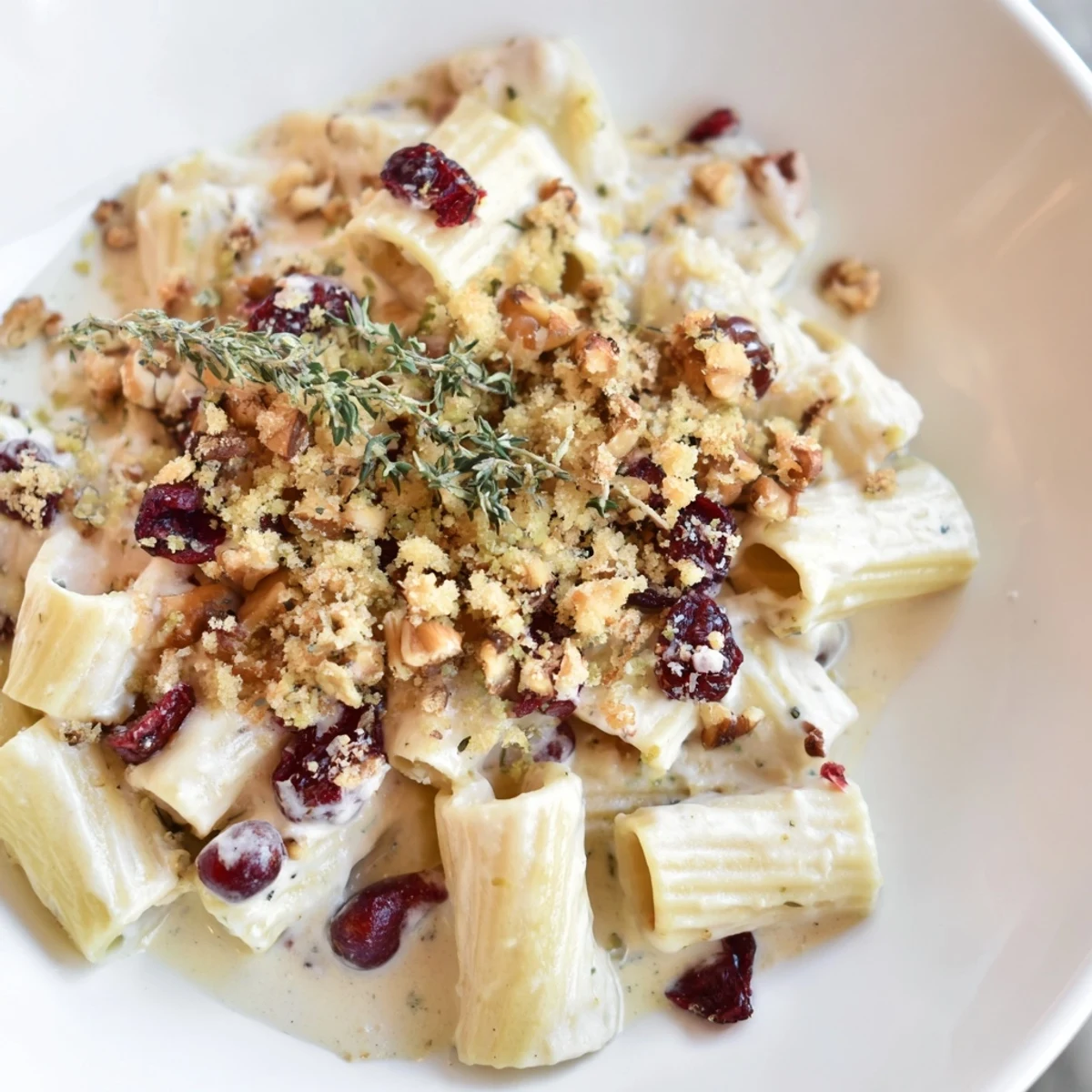 Golden-brown Cranberry and Brie Tartlet Pasta, featuring a creamy sauce and crunchy crumb topping.