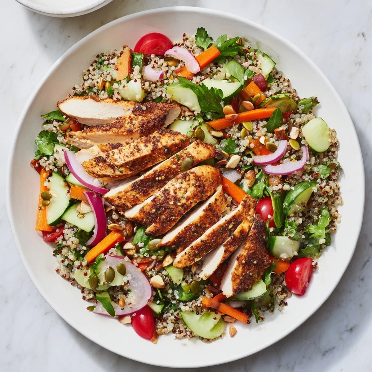 Close-up of a refreshing Crunchy Quinoa Chicken Salad, perfect for a healthy and satisfying meal.