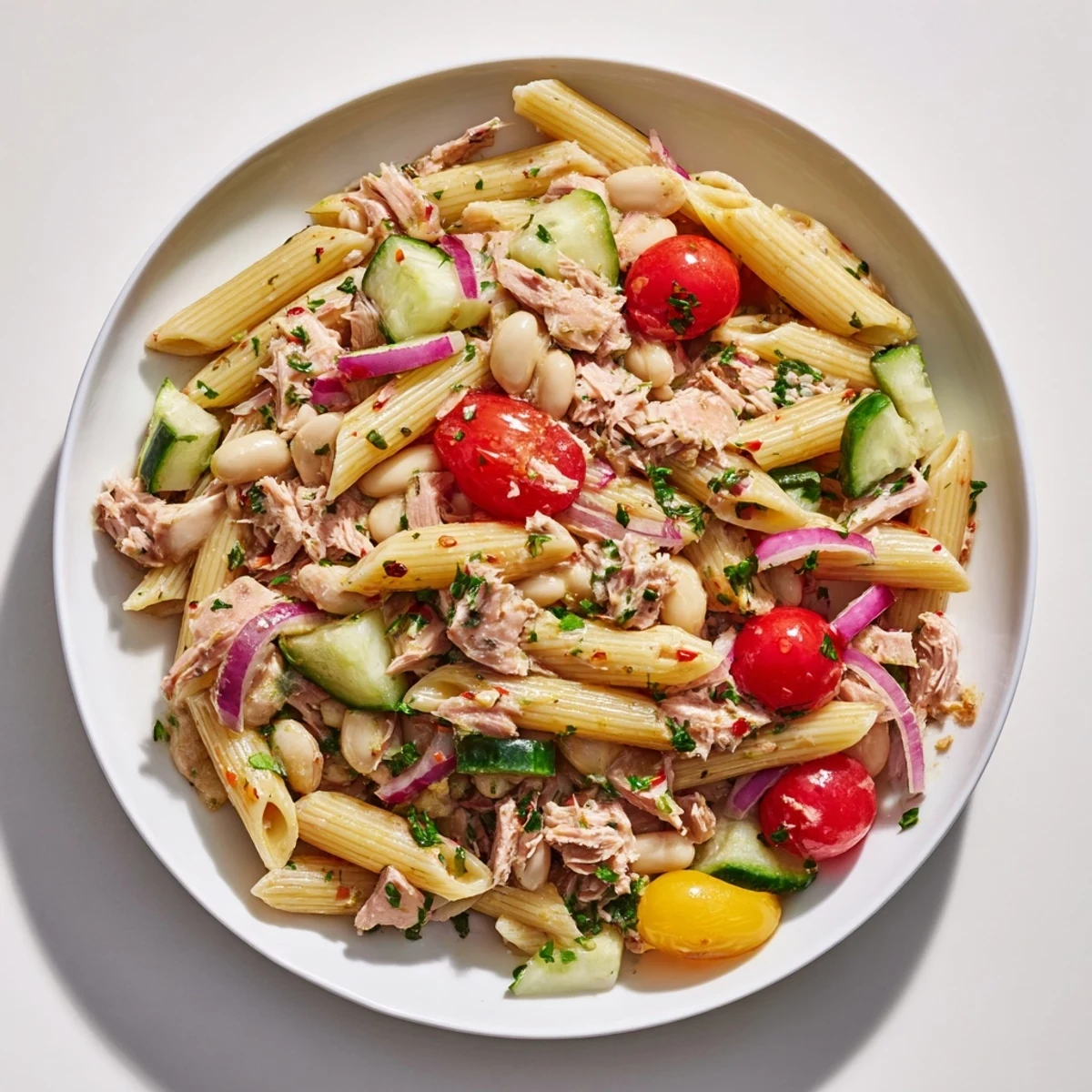 Flaky tuna and creamy white beans star in this vibrant Spicy Tuna Pasta Salad.