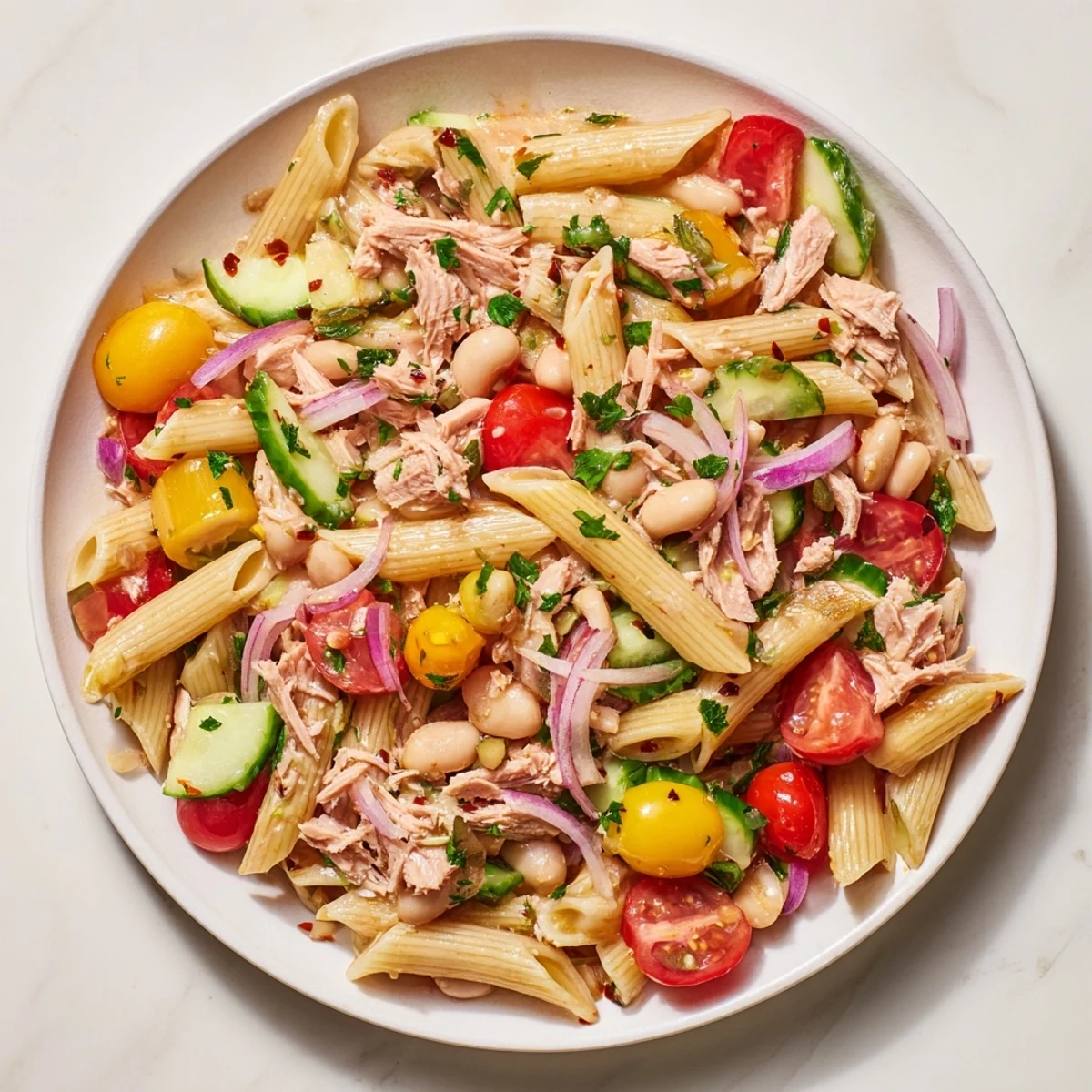 Textured close-up of Spicy Tuna and White Bean Pasta Salad, ready for a healthy meal.