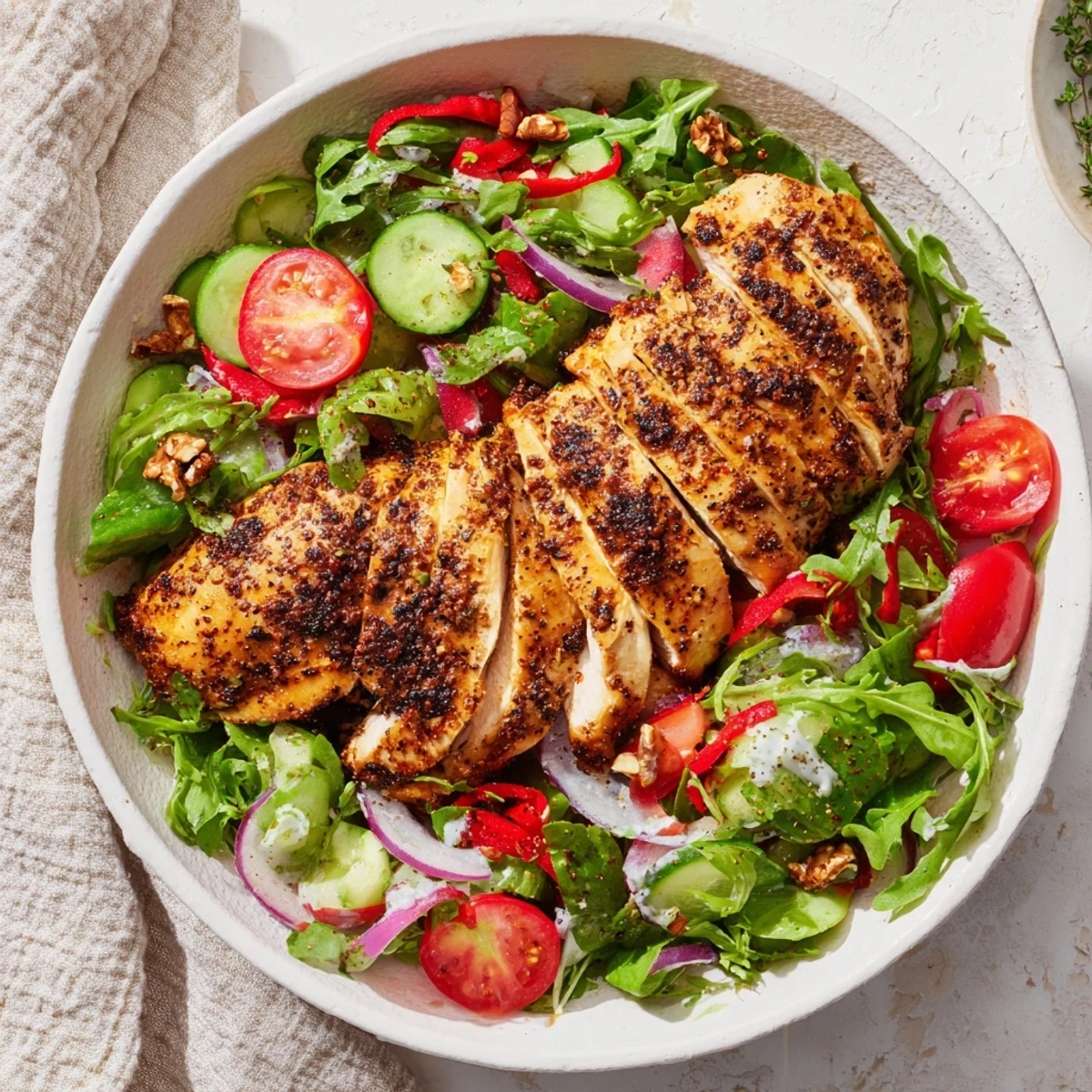 Tender grilled Holiday Black Pepper Chicken & Yogurt Salad atop fresh greens ready to enjoy.