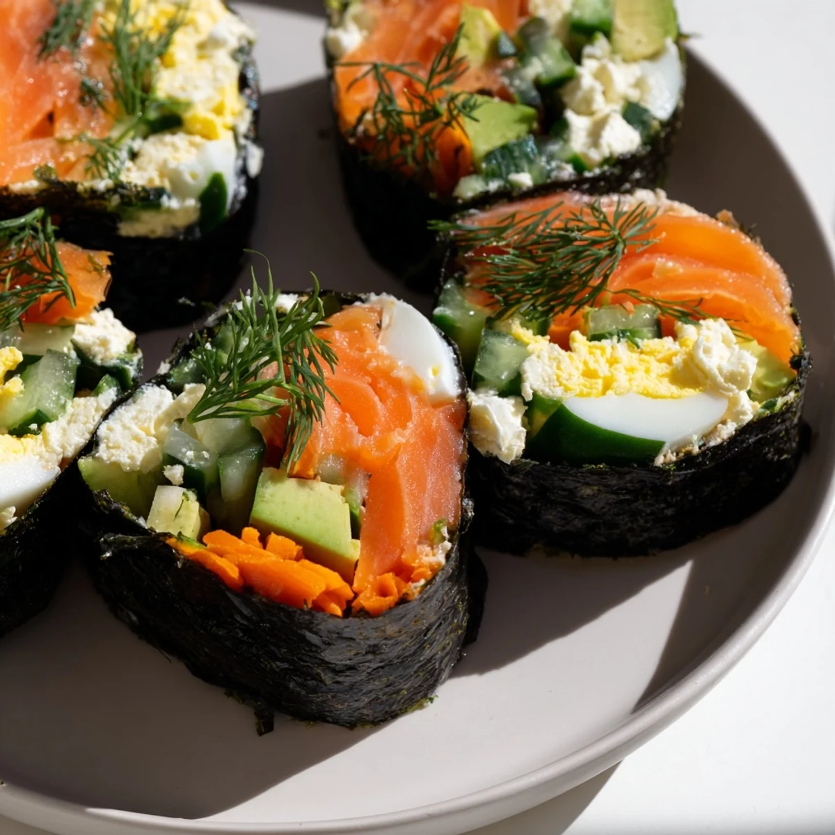 Vibrant high-protein sushi wrap smoked salmon holiday rolls filled with colorful veggies, ready to enjoy.