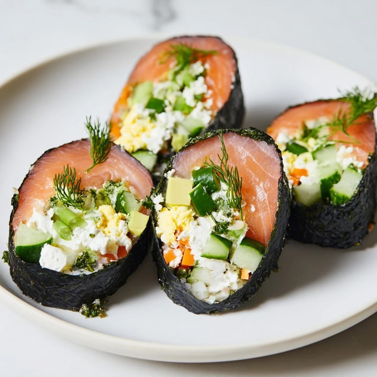 Close-up of a high-protein sushi wrap smoked salmon holiday roll, showcasing fresh ingredients and textures.