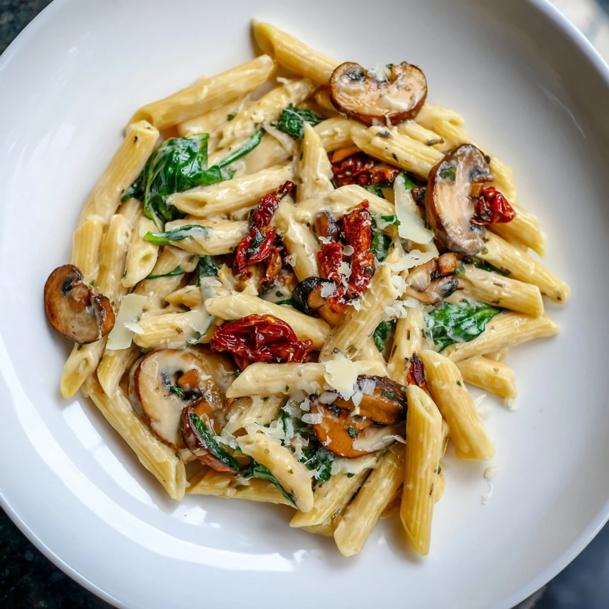 Golden penne pasta in creamy sauce with sun-dried tomatoes and mushrooms, a delightful skillet meal.