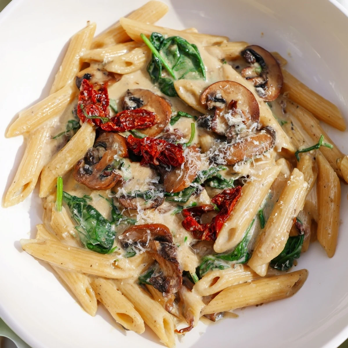 A bubbling skillet of Creamy Sun-Dried Tomato Mushroom Penne awaits, garnished with fresh basil for dinner.