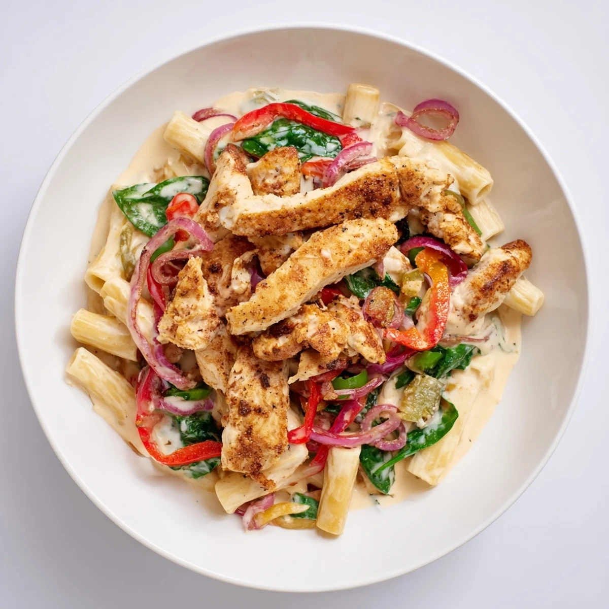 Creamy Cajun Dirty Snow Chicken Pasta, steaming hot, with colorful peppers, ready to serve and enjoy.