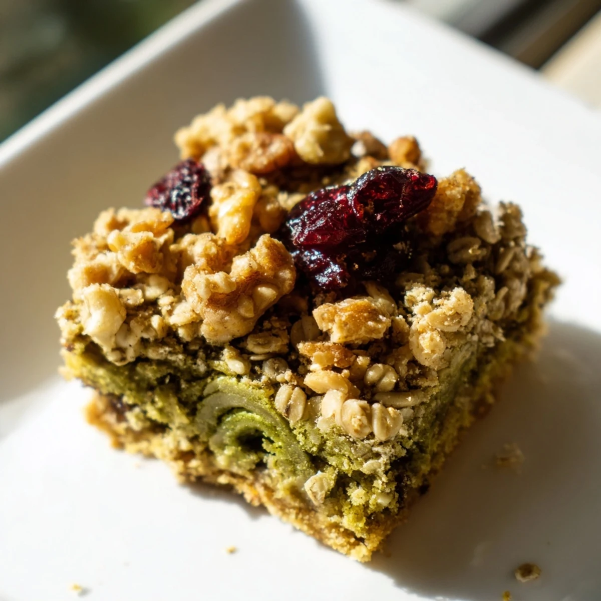A close-up of baked Matcha Cranberry Oat Crumble Breakfast Bars with a beautifully golden oat topping.