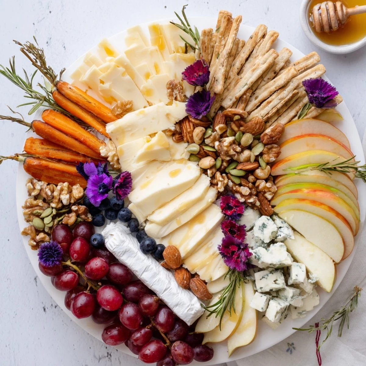 A beautifully arranged Woodland Creature Cheese Platter with brie, fruits, nuts, and rosemary sprigs.