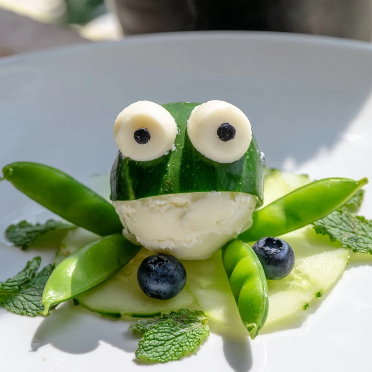 Whimsical Frog Pond Snack Tray with mozzarella frogs, cucumber lily pads, and colorful fruits.