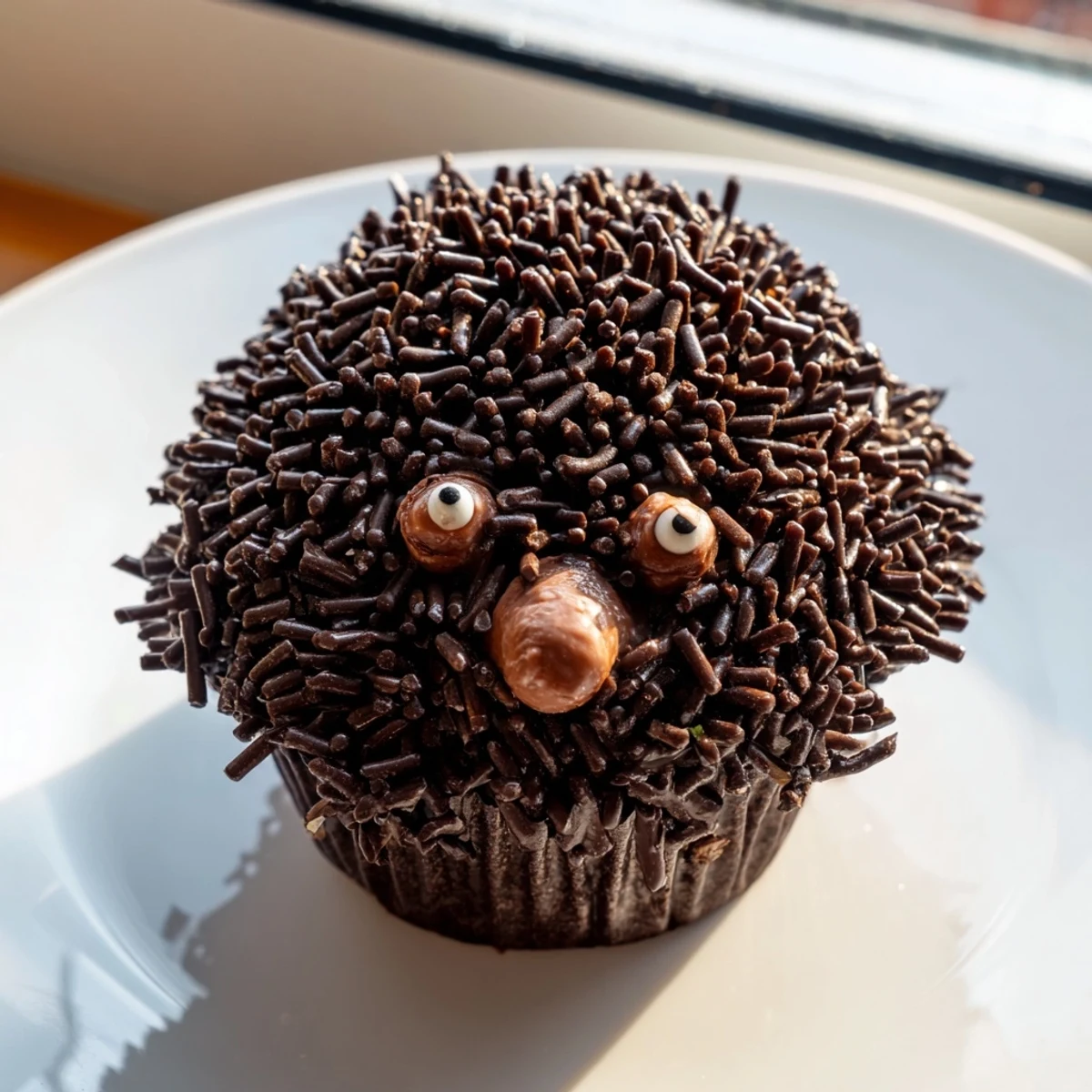 Fluffy, chocolate Hedgehog Cupcakes, expertly frosted and covered in chocolate sprinkles for kids.